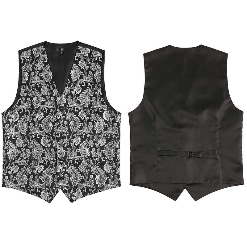 ZEROYAA Mens Classic 3pc Jacquard Paisley Vest Set Necktie Pocket Square Waistcoat for Suit or Tuxedo ZLSV08 Black Silver Small - Image 4